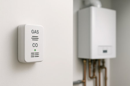 Carbon monoxide and gas detector on a wall near a home boiler for safety.の素材