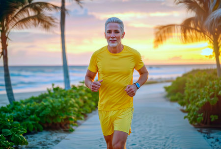 A fit mature man jogging on a beach path at sunset.の素材