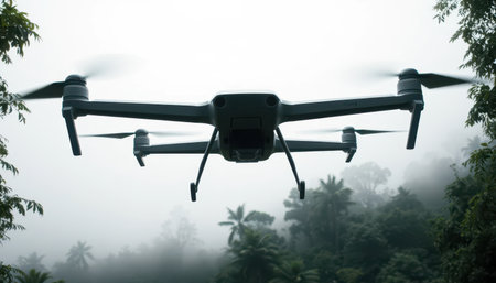 A quadcopter drone hovering in a foggy tropical jungle.の素材