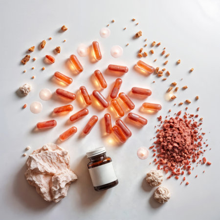 Capsules, bottle, and raw ingredients in a flat lay composition on white.の素材