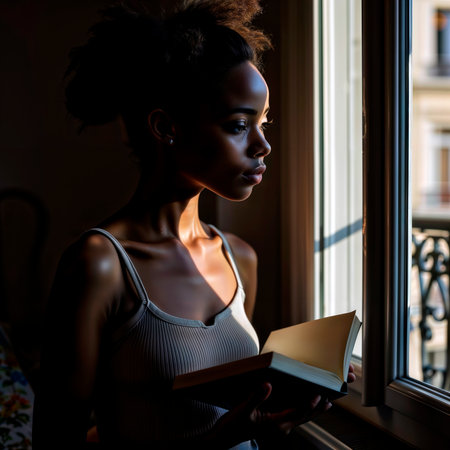 Young woman with a book looking out a window in natural light.の素材