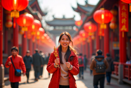 Smiling young Asian woman holding tanghulu on a festive street with red lanterns.の素材