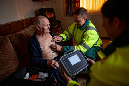Two paramedics provide medical assistance to an elderly man at home with an ECG machine.の素材