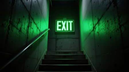 Glowing green emergency exit sign over a concrete staircase.の素材