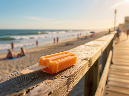 Orange popsicle on a wooden boardwalk railing at the beach.の素材
