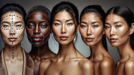 Diverse group of women's faces with biometric or cosmetic surgery markings.の素材