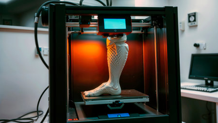 3D printer creating a complex, detailed prosthetic leg in a laboratory.の素材