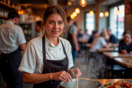 Female chef smiling while cooking in a professional restaurant kitchen.の素材