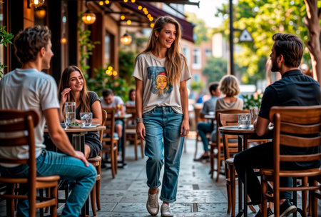 Young woman walking and smiling on an outdoor restaurant patio.の素材