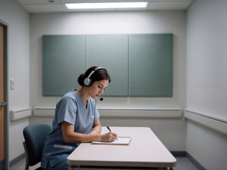 Female nurse or medical professional with headset writing at a desk.の素材