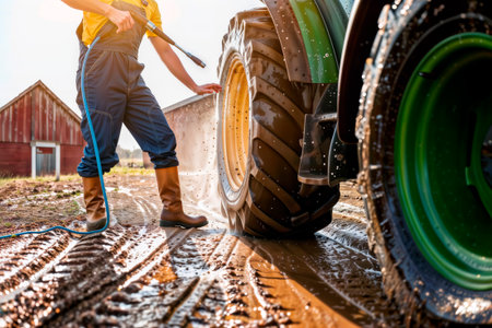Farmer pressure washing a muddy tractor on a farm.の素材