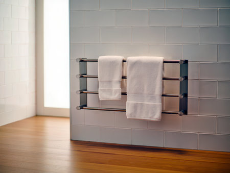 Modern towel warmer with white towels in a bathroom.の素材