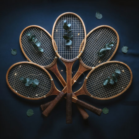 Vintage tennis wooden rackets arranged with eucalyptus leaves and lights on a dark background.の素材