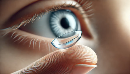 Close-up of a contact lens on a fingertip in front of a blue eye.の素材