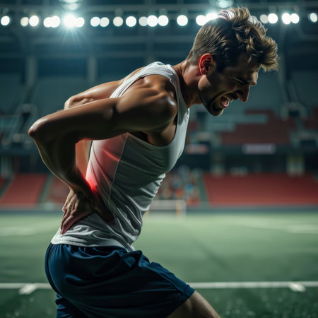 Athlete grimacing in pain from a lower back injury in a stadium.の素材