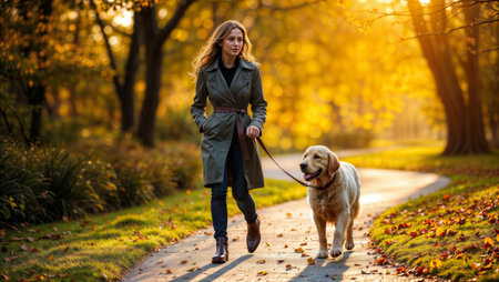 Woman in a trench coat walking a golden retriever on a path in an autumn park.の素材