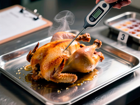 Checking internal temperature of a whole roasted chicken with a digital thermometer.の素材