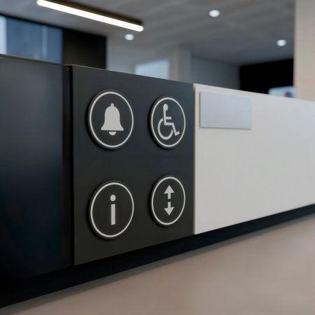 Accessible reception desk with information, assistance, and wheelchair access icons. Space for text.の素材