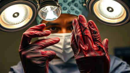 Surgeon showing bloody gloved hands under bright operating room lights.の素材