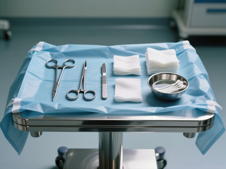 Surgical instruments and supplies on a sterile tray in an operating room.の素材