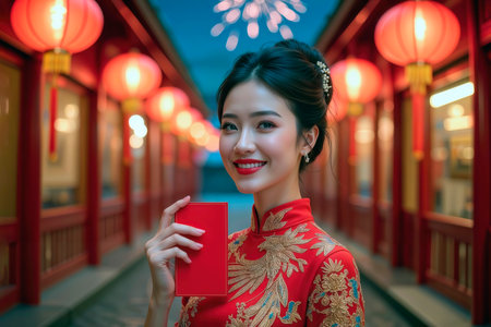 Smiling woman in a traditional red dress holding a red envelope for the holiday.の素材