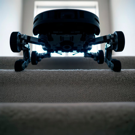 Six-legged delivery robot navigating a carpeted staircase indoors.の素材