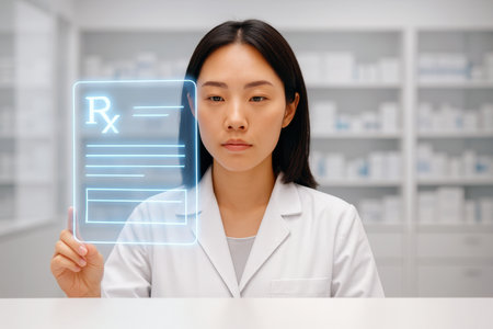 Pharmacist or scientist reviews a futuristic digital prescription on a screen.の素材