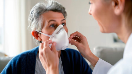Healthcare worker helps senior woman put on a respirator mask.の素材