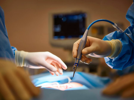 Surgeon performing procedure with medical instrument in operating room.の素材