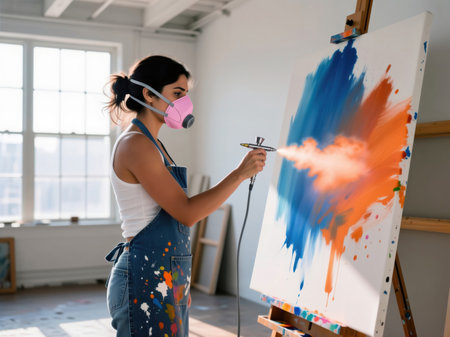 Female artist wearing a respirator mask and apron using an airbrush on a canvas in a studio.の素材