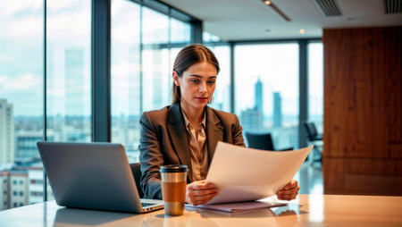 Businesswoman reading paper document at desk with laptop and city skyline view.の素材