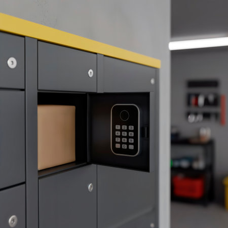 Secure smart parcel locker with open door showing cardboard package inside.の素材