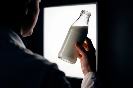 Laboratory technician inspecting glass bottle of white milk against lightbox. Space for text.の素材