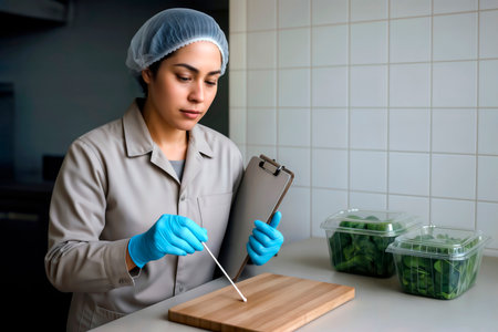 Food safety inspector taking a swab sample from a cutting board in a commercial kitchen.の素材