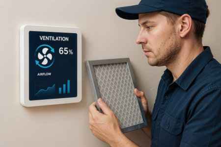 HVAC technician holding dirty air filter near digital ventilation system screen.の素材