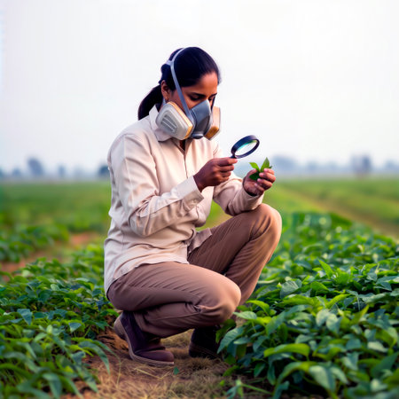 Female agronomist in a respirator mask inspecting a plant leaf with a magnifier.の素材