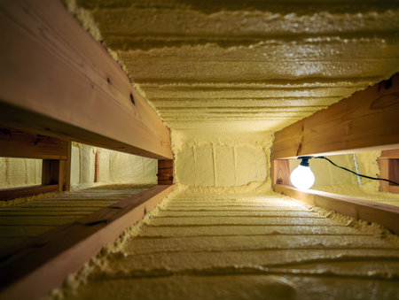 Attic ceiling with spray foam insulation between wooden beams.の素材
