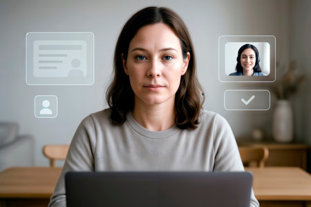 Woman at laptop in a video conference with a digital user interface overlay.の素材