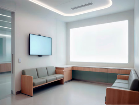 Empty modern waiting room with glowing wall panel and television. Space for text.の素材