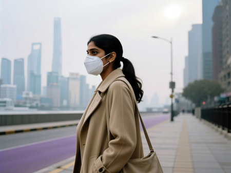 Woman wearing protective face mask standing on city street with foggy skyline background.の素材