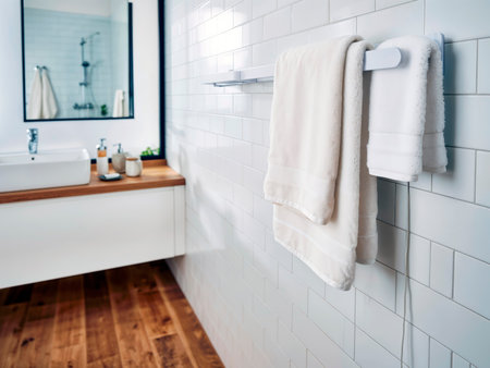 Electric heated towel rail with folded towels in the bathroom.の素材
