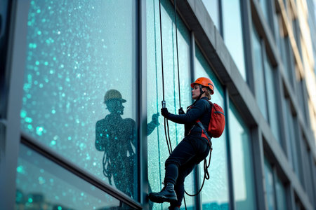 Female industrial climber washing windows on modern glass skyscraper facade with reflection.の素材