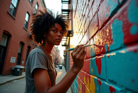 Young woman artist painting colorful mural on brick wall in urban setting during sunset.の素材