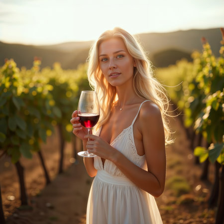 Elegant woman holding a glass of red wine in a vineyard during a golden sunset.の素材