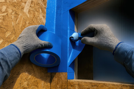 Gloved hands applying blue flashing tape to window corner on OSB wall for weatherproofing.の素材