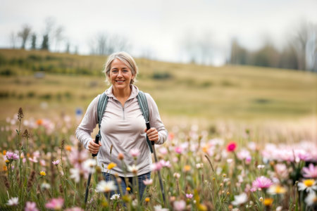Smiling woman hiking with poles in flower field during daytime.の素材
