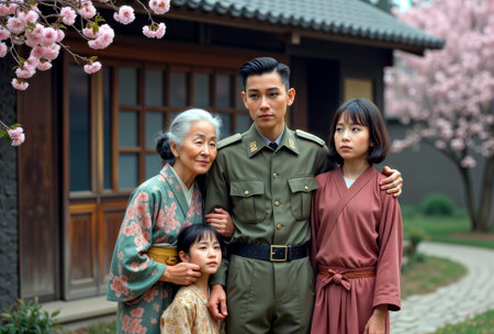 Multi-generational Japanese family standing with a soldier in uniform near cherry blossoms.の素材