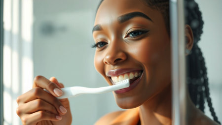 Close-up of a smiling woman brushing her teeth with a white toothbrush.の素材
