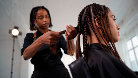 Hairstylist braiding the long hair of a female client in a professional salon studio.の素材