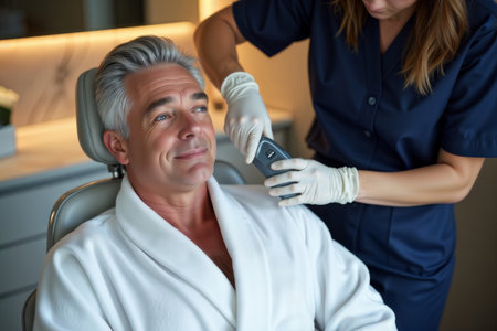 Mature man in white robe receiving shoulder therapy with handheld device in clinic.の素材